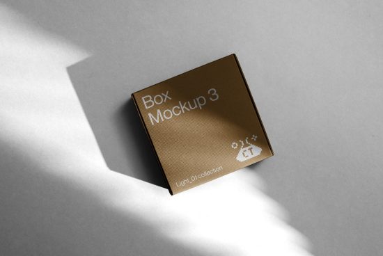 Brown cardboard box mockup with subtle shadows for product packaging design showcase, realistic 3D rendering for presentation.